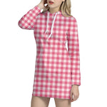 Pink Check Pattern Print Hoodie Dress
