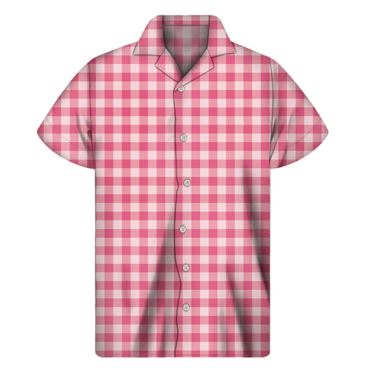Pink Check Pattern Print Men's Short Sleeve Shirt