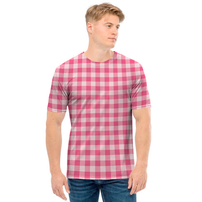 Pink Check Pattern Print Men's T-Shirt