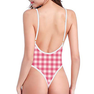 Pink Check Pattern Print One Piece High Cut Swimsuit