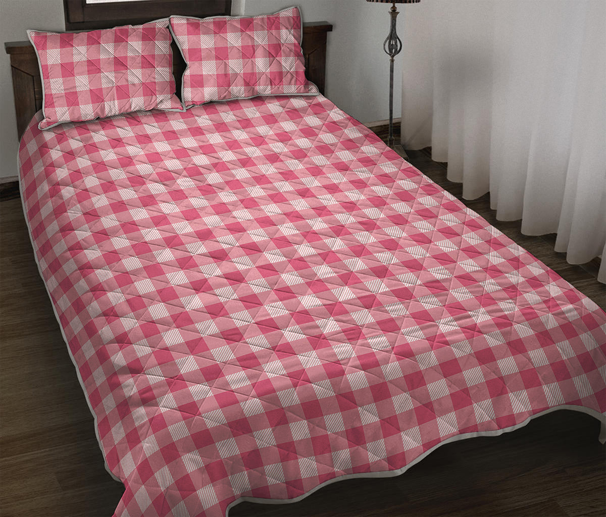 Pink Check Pattern Print Quilt Bed Set