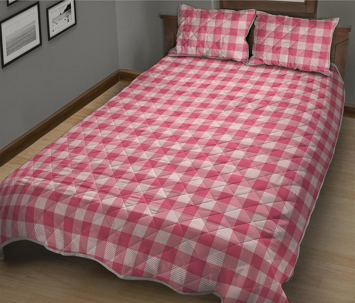 Pink Check Pattern Print Quilt Bed Set
