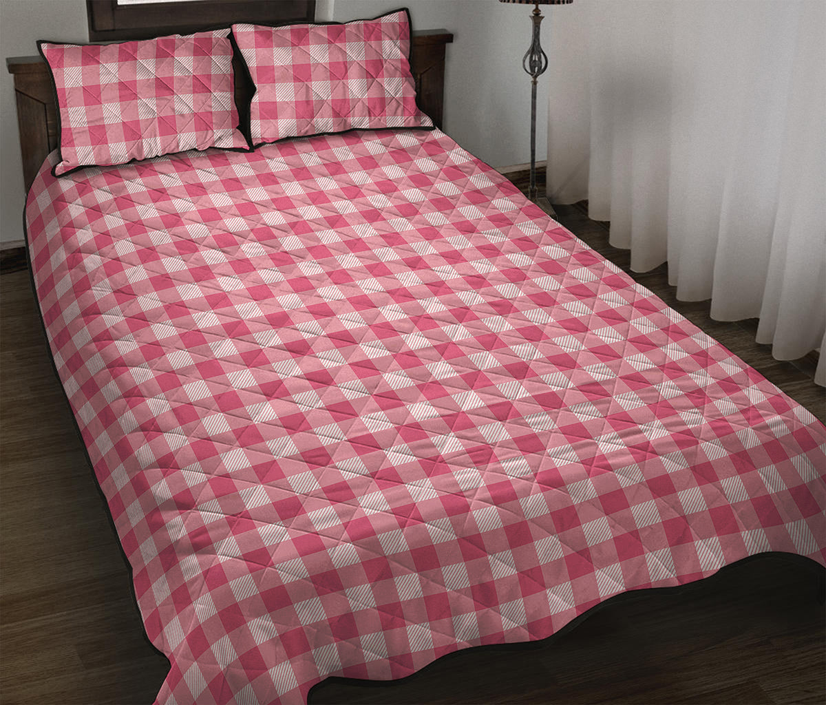 Pink Check Pattern Print Quilt Bed Set