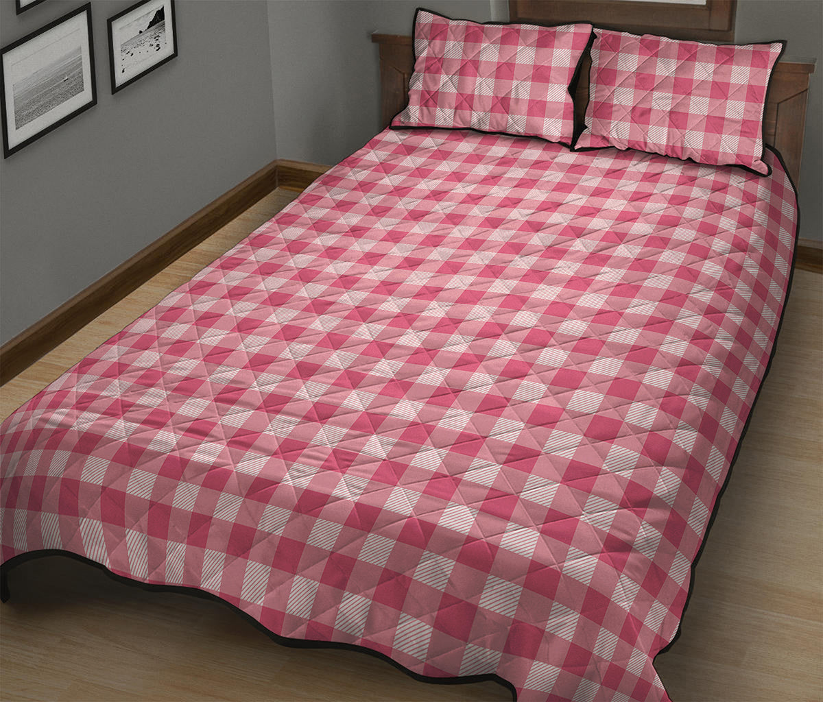 Pink Check Pattern Print Quilt Bed Set