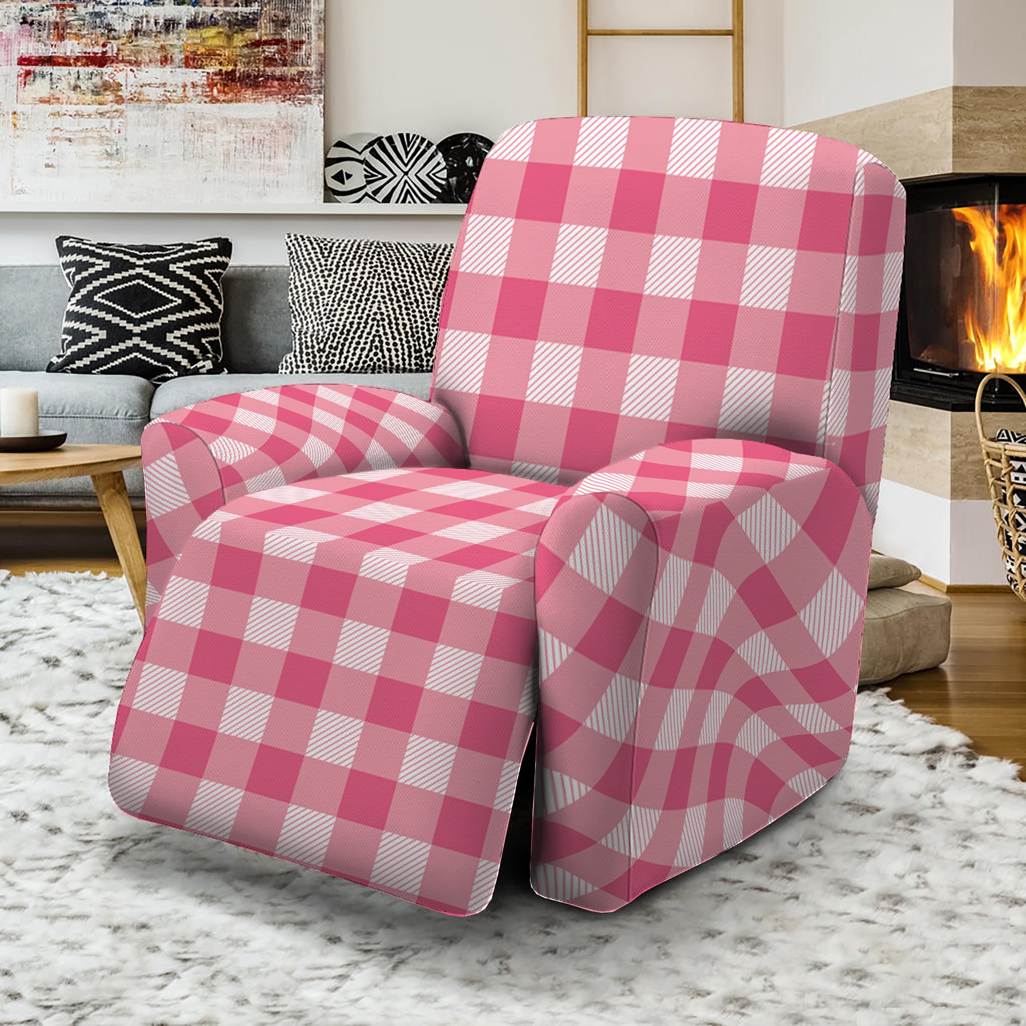 Pink Check Pattern Print Recliner Slipcover