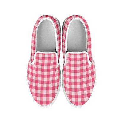 Pink Check Pattern Print White Slip On Shoes