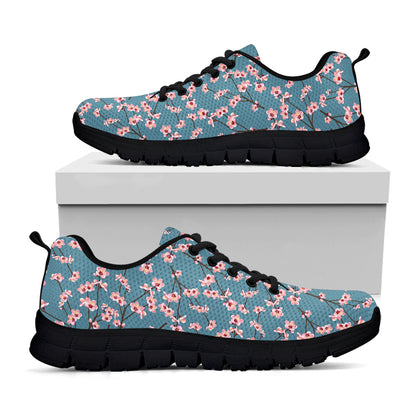 Pink Cherry Blossom Pattern Print Black Sneakers