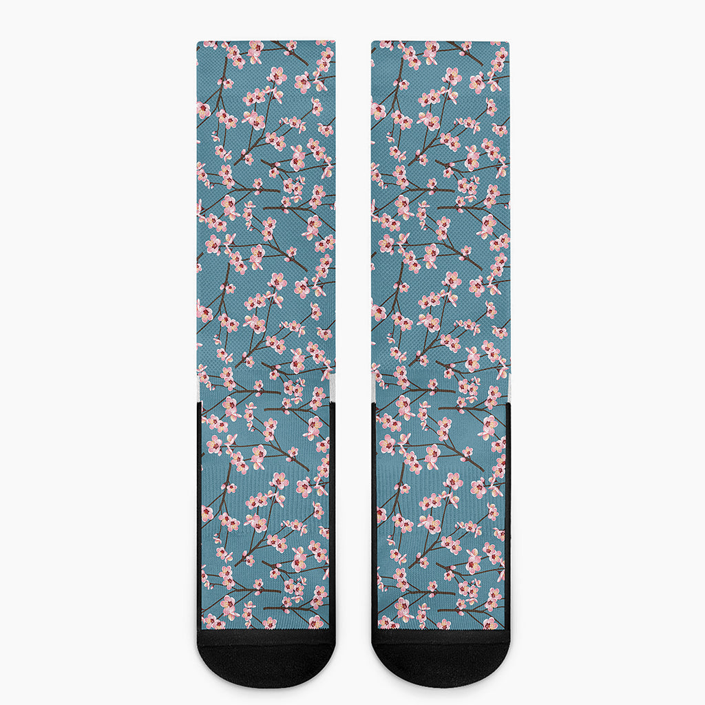 Pink Cherry Blossom Pattern Print Crew Socks