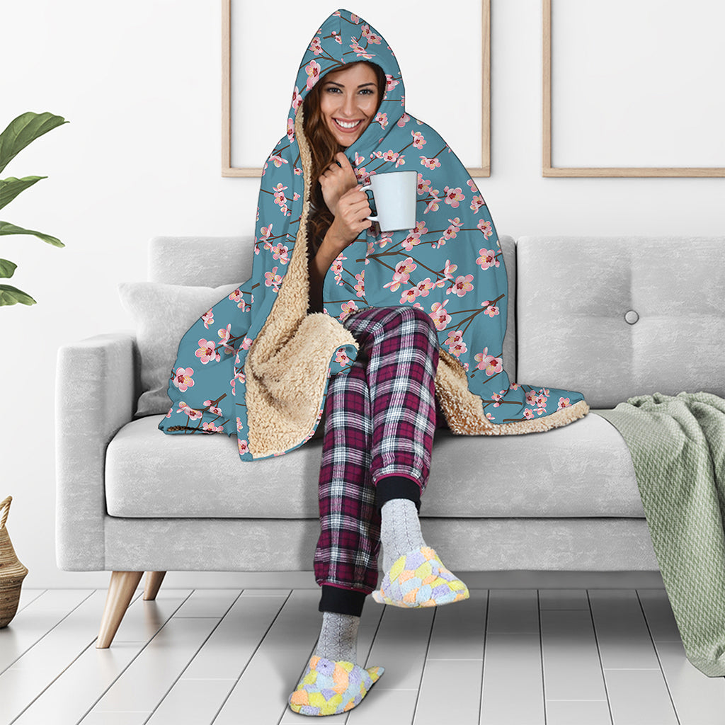 Pink Cherry Blossom Pattern Print Hooded Blanket