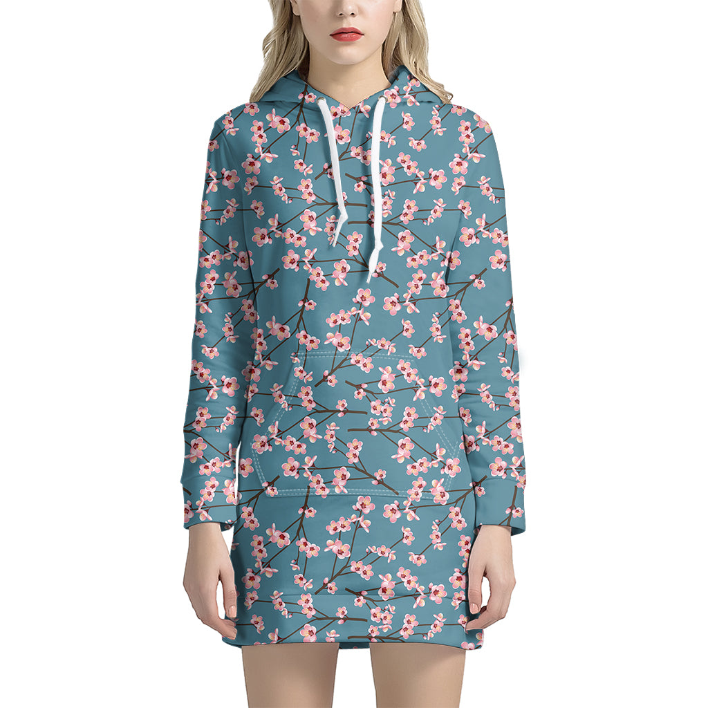 Pink Cherry Blossom Pattern Print Hoodie Dress