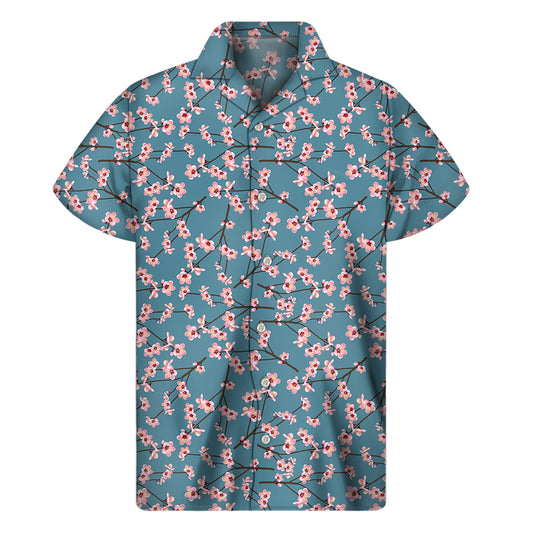 Pink Cherry Blossom Pattern Print Men's Short Sleeve Shirt