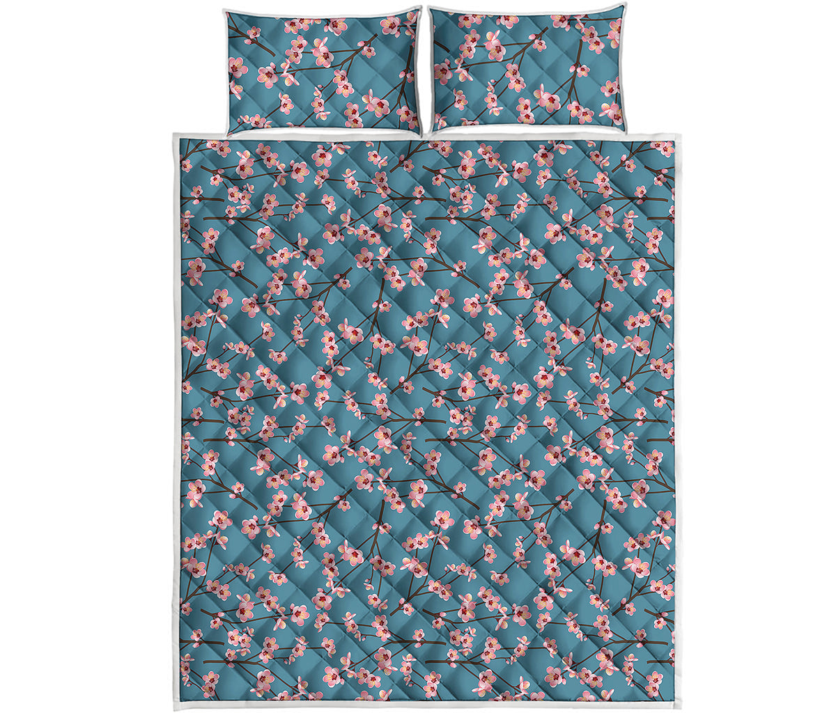 Pink Cherry Blossom Pattern Print Quilt Bed Set