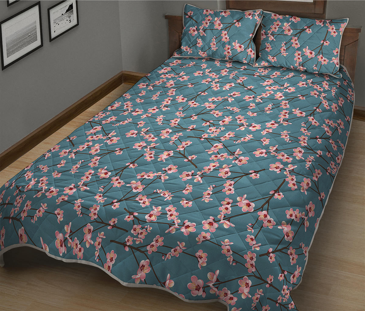 Pink Cherry Blossom Pattern Print Quilt Bed Set