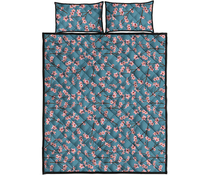 Pink Cherry Blossom Pattern Print Quilt Bed Set