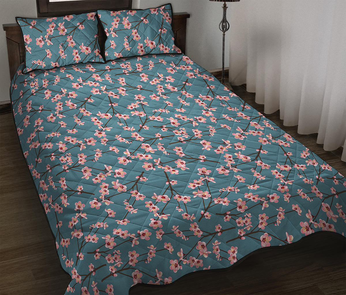 Pink Cherry Blossom Pattern Print Quilt Bed Set