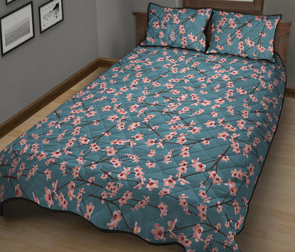 Pink Cherry Blossom Pattern Print Quilt Bed Set