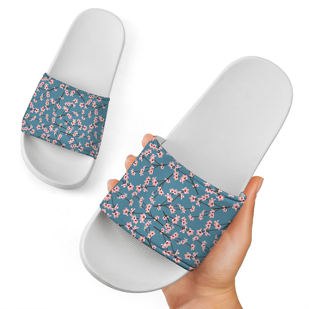 Pink Cherry Blossom Pattern Print White Slide Sandals