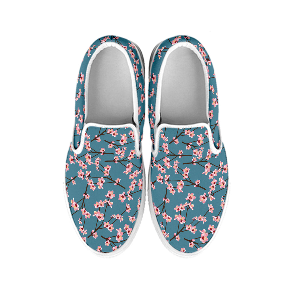 Pink Cherry Blossom Pattern Print White Slip On Shoes