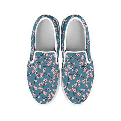 Pink Cherry Blossom Pattern Print White Slip On Shoes