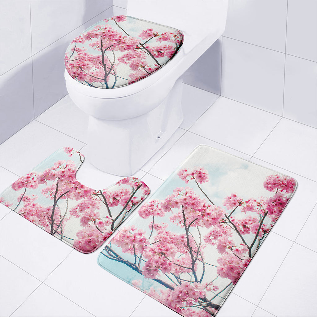 Pink Cherry Blossom Print 3 Piece Bath Mat Set