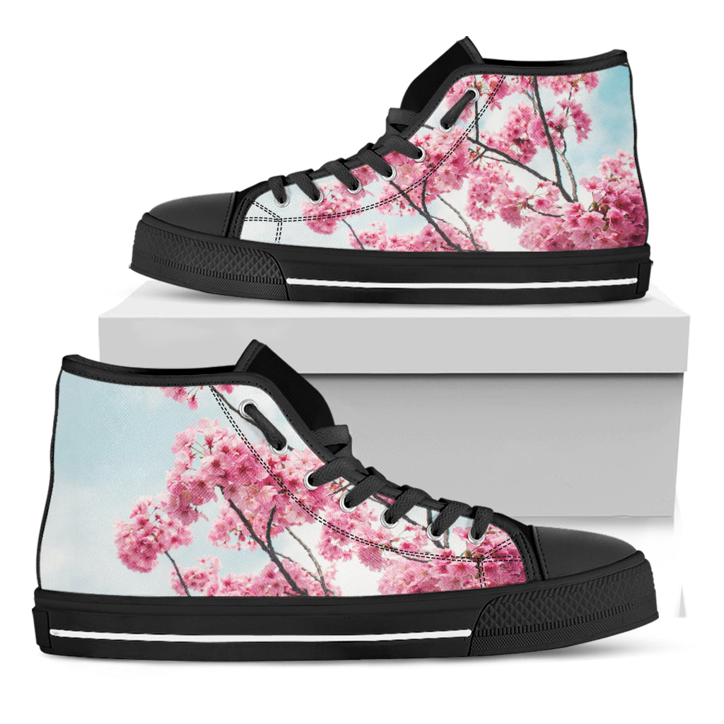 Pink Cherry Blossom Print Black High Top Shoes
