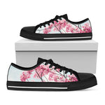 Pink Cherry Blossom Print Black Low Top Shoes