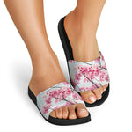 Pink Cherry Blossom Print Black Slide Sandals