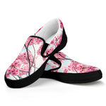 Pink Cherry Blossom Print Black Slip On Shoes