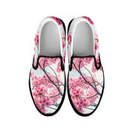 Pink Cherry Blossom Print Black Slip On Shoes