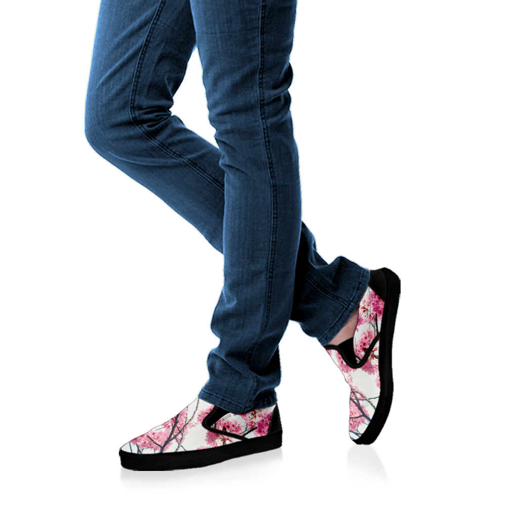 Pink Cherry Blossom Print Black Slip On Shoes