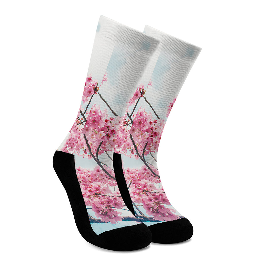 Pink Cherry Blossom Print Crew Socks