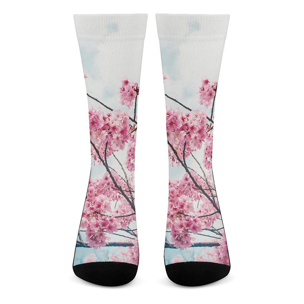 Pink Cherry Blossom Print Crew Socks