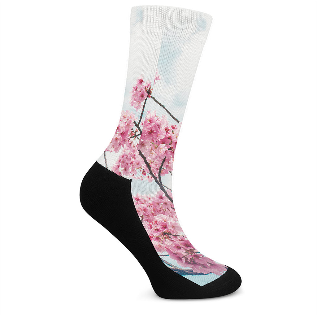 Pink Cherry Blossom Print Crew Socks