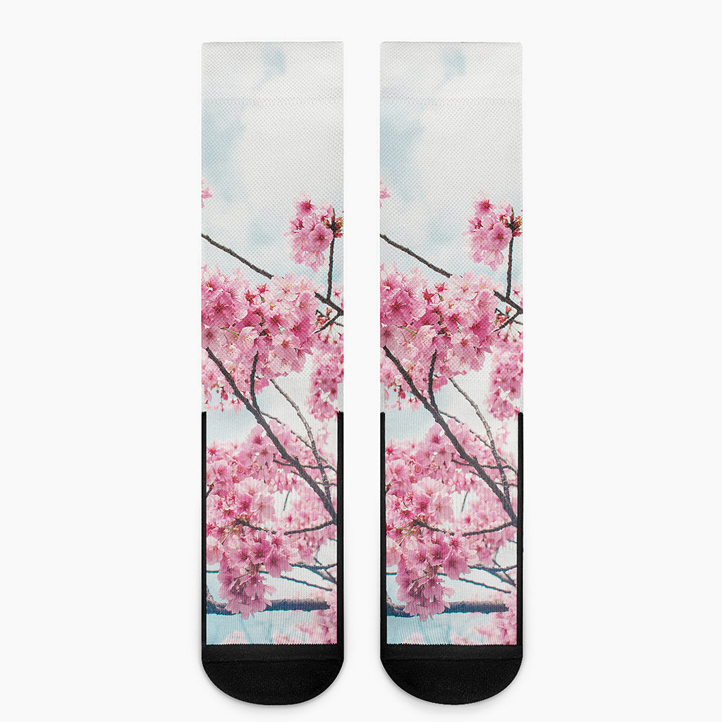 Pink Cherry Blossom Print Crew Socks