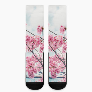 Pink Cherry Blossom Print Crew Socks