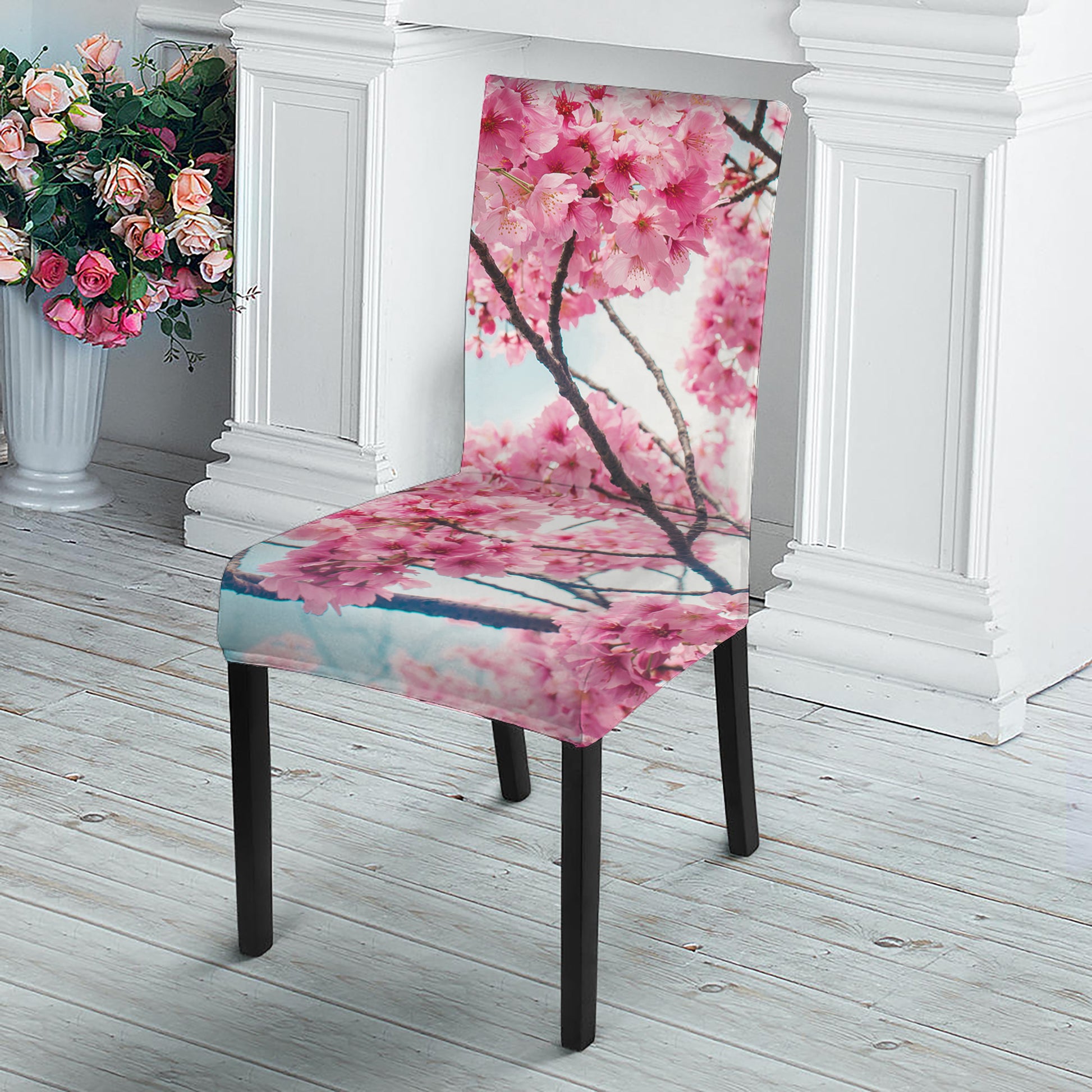 Pink Cherry Blossom Print Dining Chair Slipcover