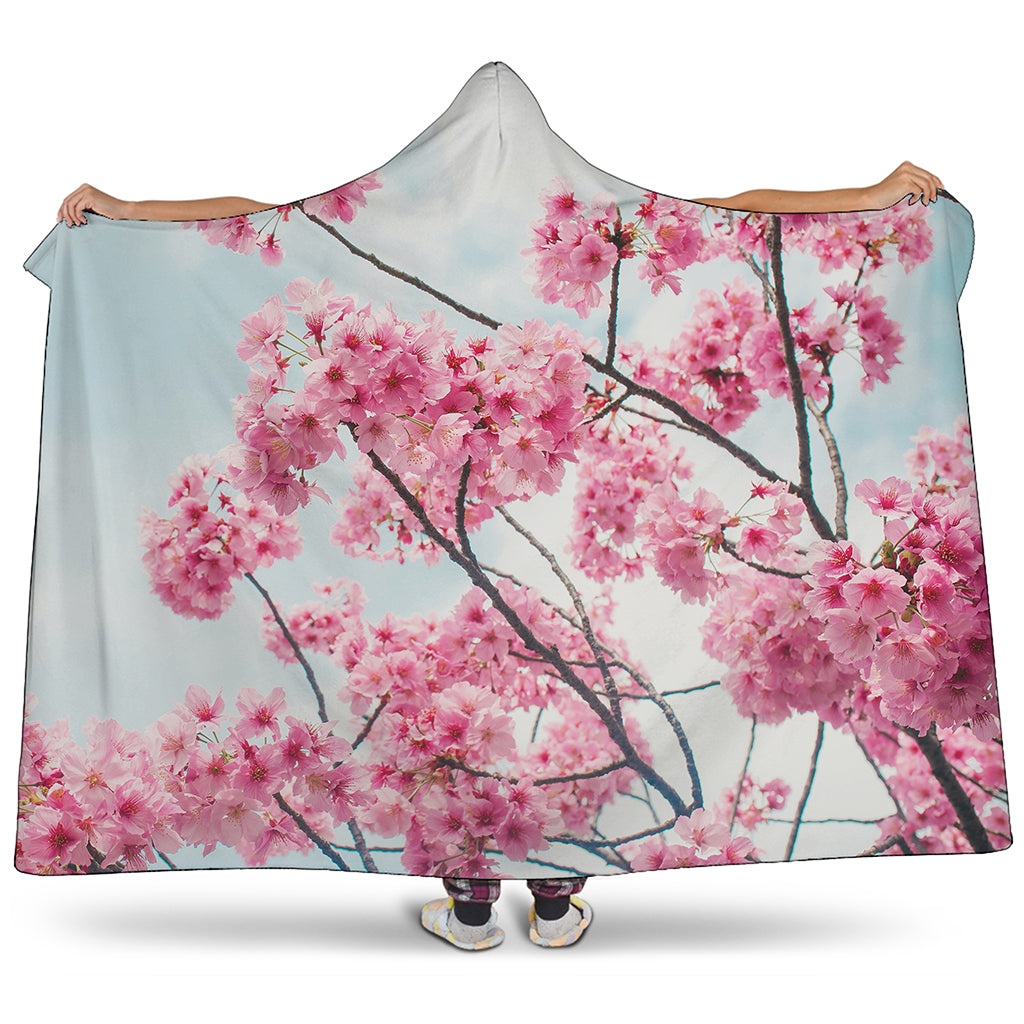 Pink Cherry Blossom Print Hooded Blanket