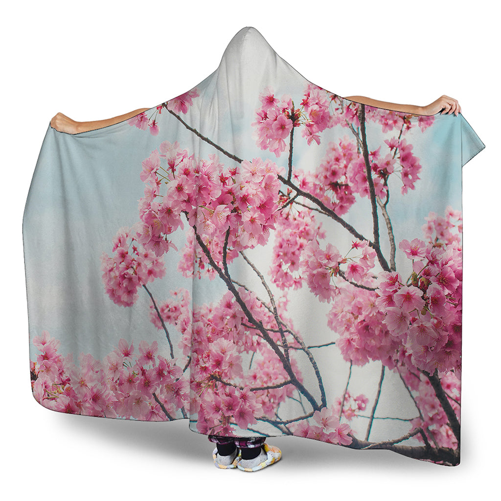 Pink Cherry Blossom Print Hooded Blanket