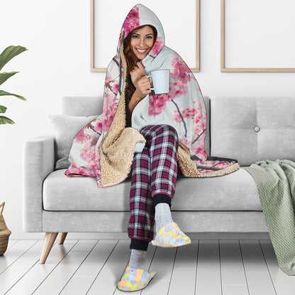 Pink Cherry Blossom Print Hooded Blanket