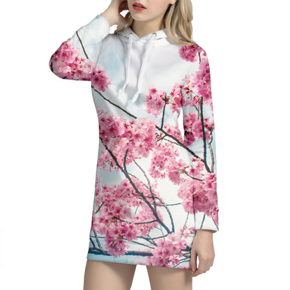 Pink Cherry Blossom Print Hoodie Dress