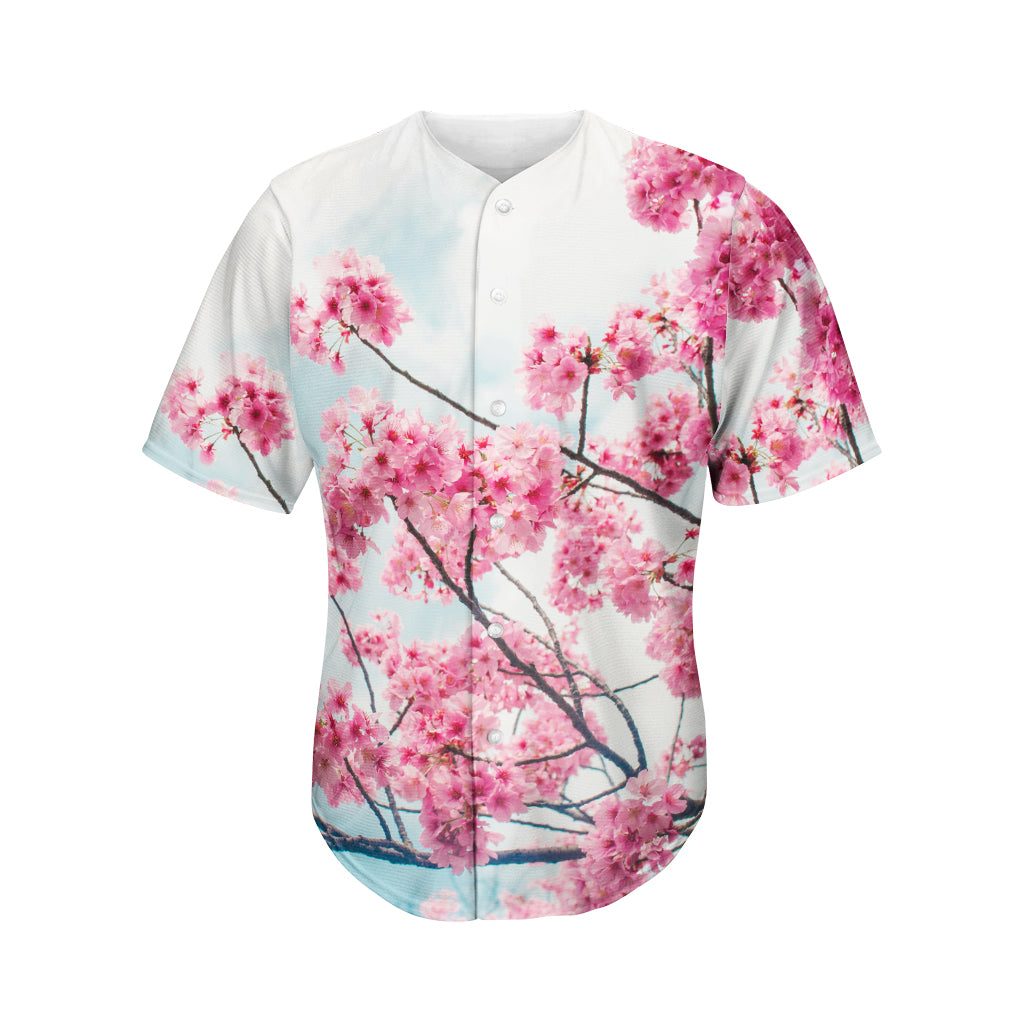 Pink Cherry Blossom Print Men's Baseball Jersey
