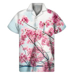 Pink Cherry Blossom Print Men's Short Sleeve Shirt