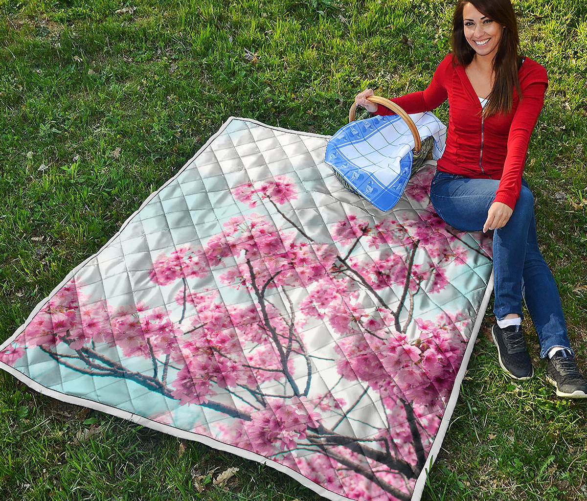Pink Cherry Blossom Print Quilt