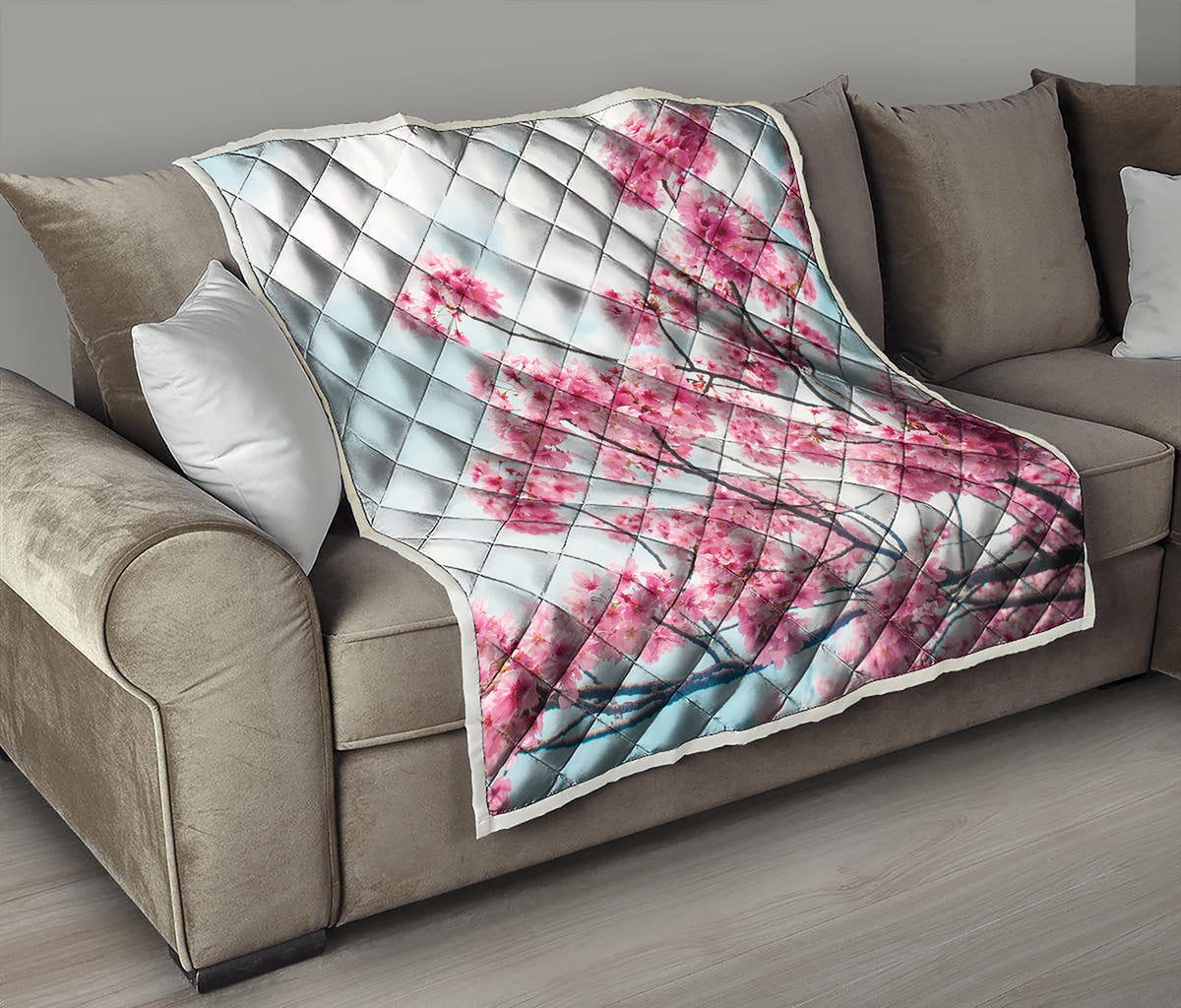 Pink Cherry Blossom Print Quilt