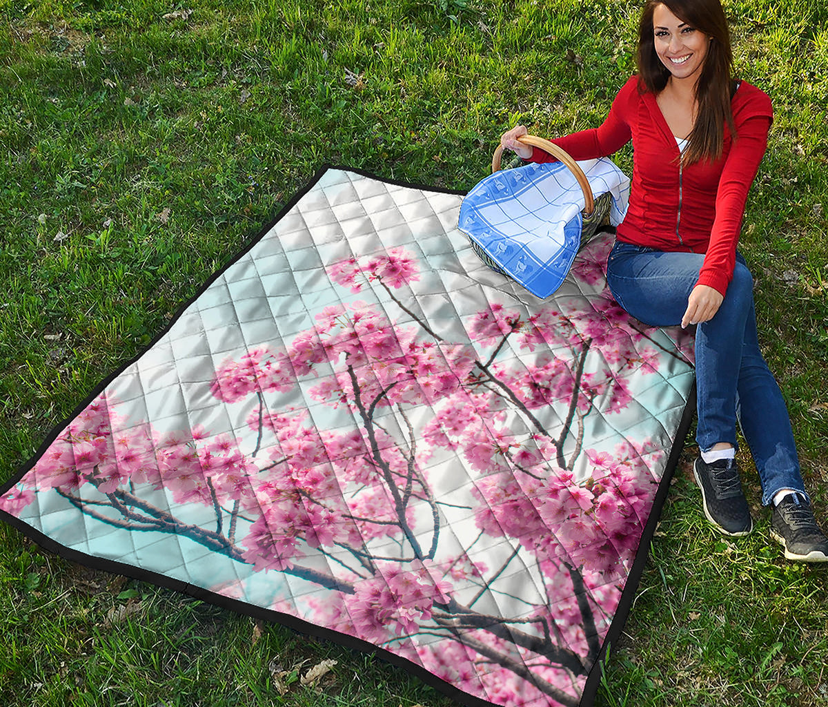 Pink Cherry Blossom Print Quilt