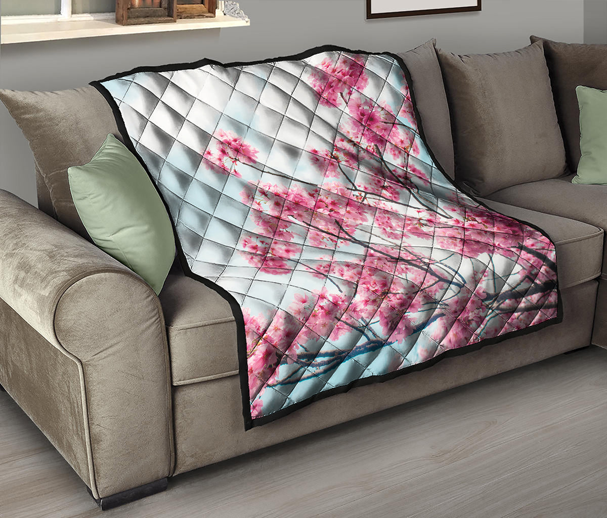 Pink Cherry Blossom Print Quilt