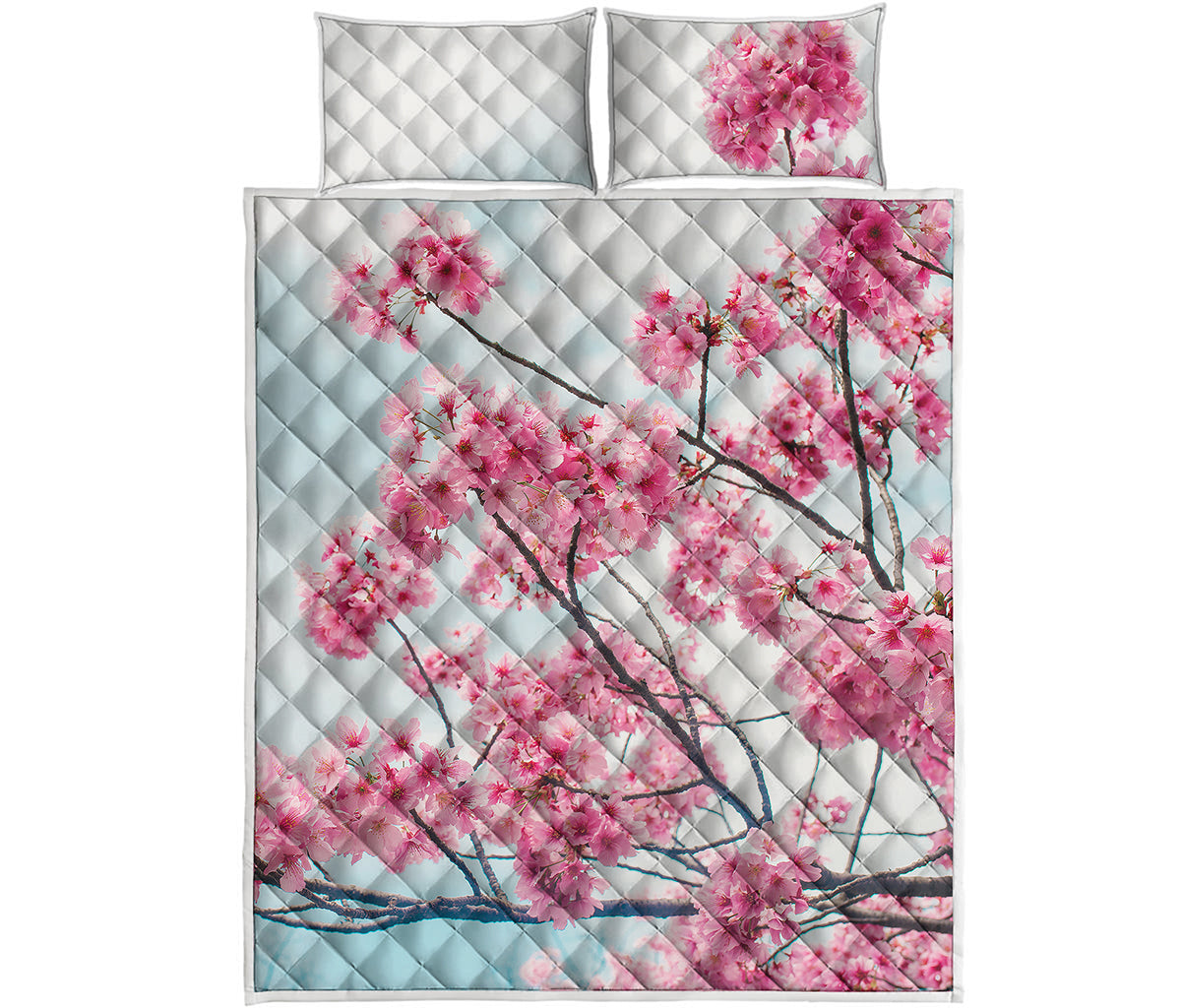 Pink Cherry Blossom Print Quilt Bed Set