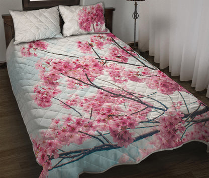 Pink Cherry Blossom Print Quilt Bed Set