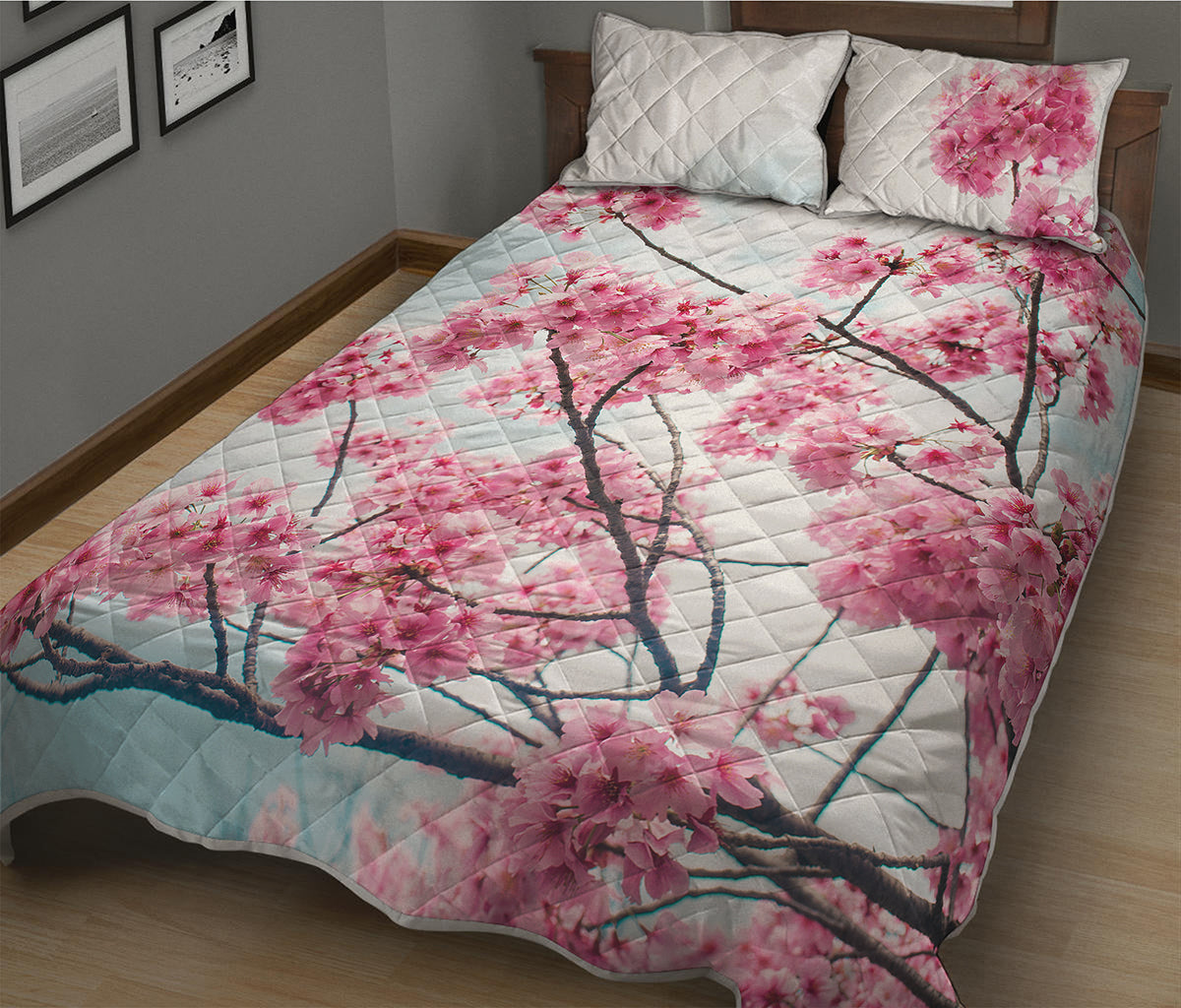 Pink Cherry Blossom Print Quilt Bed Set