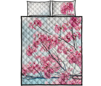 Pink Cherry Blossom Print Quilt Bed Set